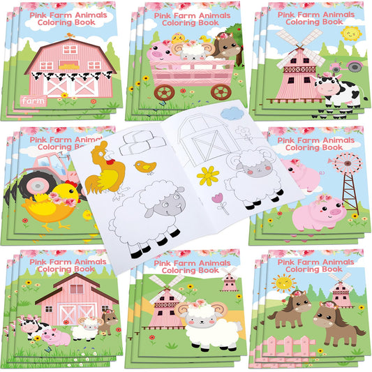 Faccito 24 Pcs Mini Coloring Books Holiday Coloring Books for Kids Bulk Diy Art Drawing Party Favor Set Mini Coloring Activity Books for Farmhouse Animals Toddlers 1-3 Party Favors(Pink Farmhouse)